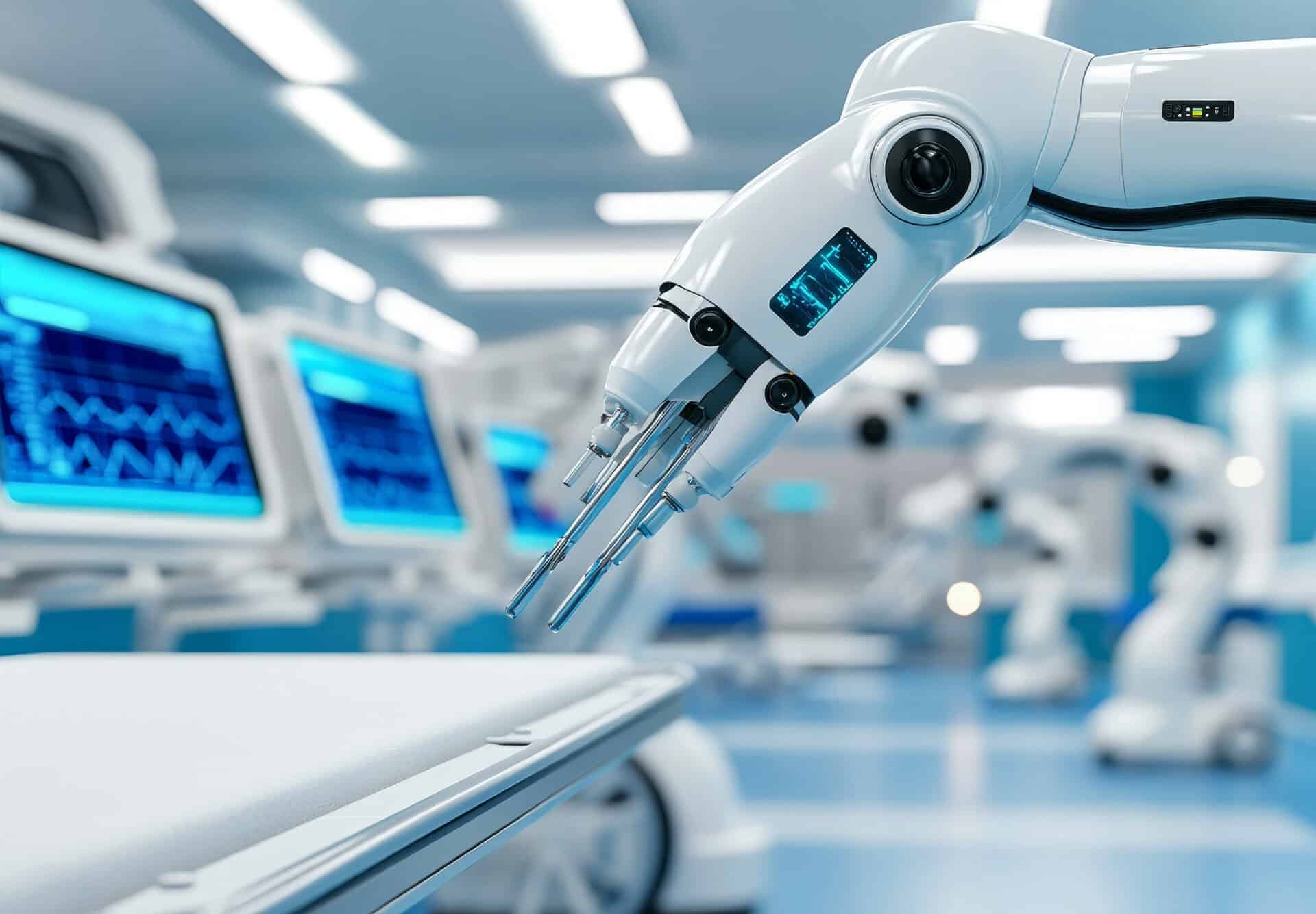 Advanced robotic surgical arm in a high-tech MedTech operating room, showcasing innovative medical device technology for improved healthcare outcomes.