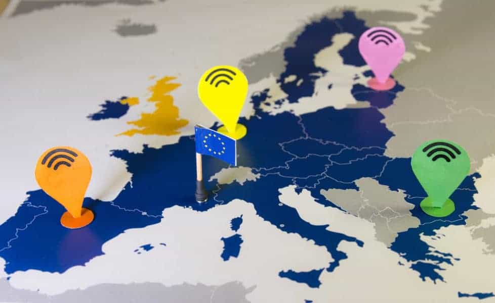 Connected Europe map with colorful location markers and Wi-Fi symbols illustrating MedTech innovation and digital connectivity in Europe.
