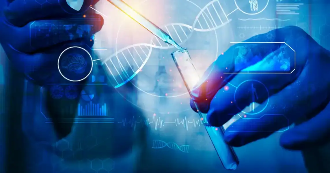 Close-up of a scientist handling a test tube with DNA strands and digital medical data overlays, emphasizing advanced medical technology and research.