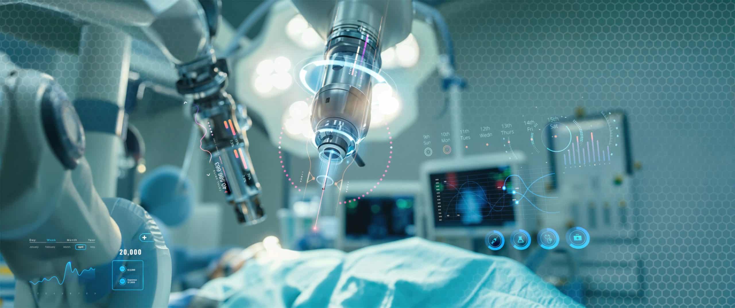 Innovative medical robotic surgery with advanced digital interfaces and precision tools for the future of medtech and healthcare innovation.