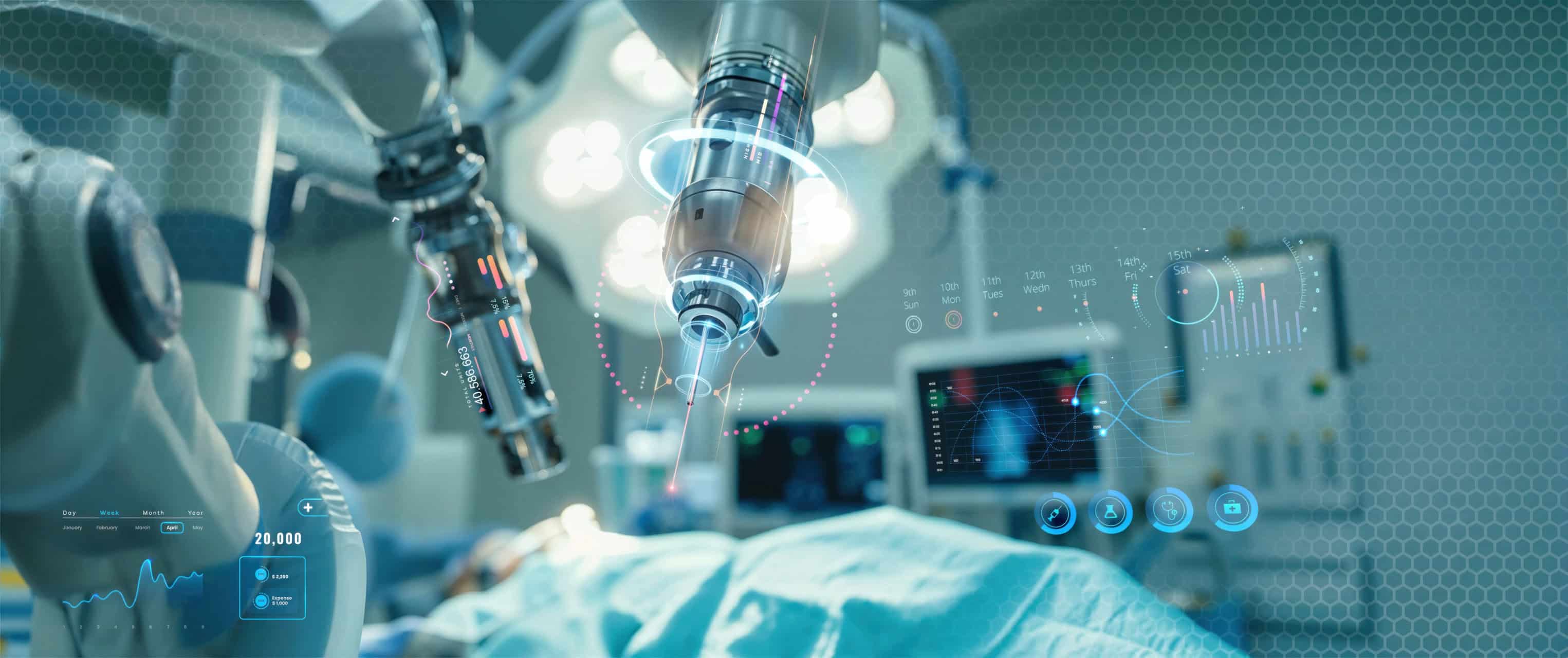 Innovative medical robotic surgery with advanced digital interfaces and precision tools for the future of medtech and healthcare innovation.