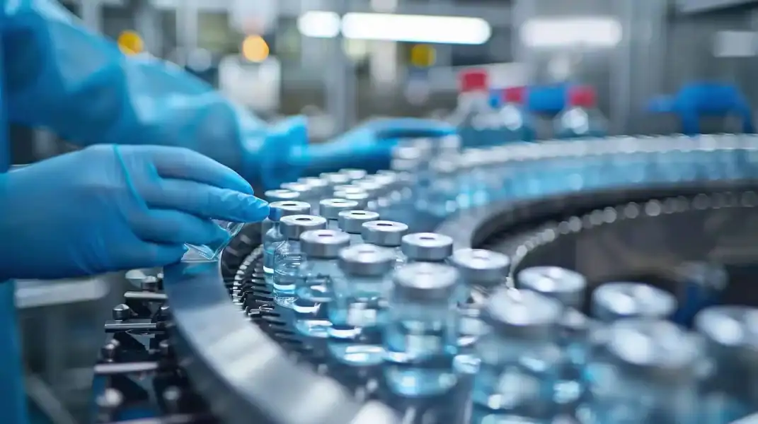 Automated manufacturing of medical vials in a cleanroom environment, highlighting MedTech advancements by MDX for medical device and pharmaceutical industries.