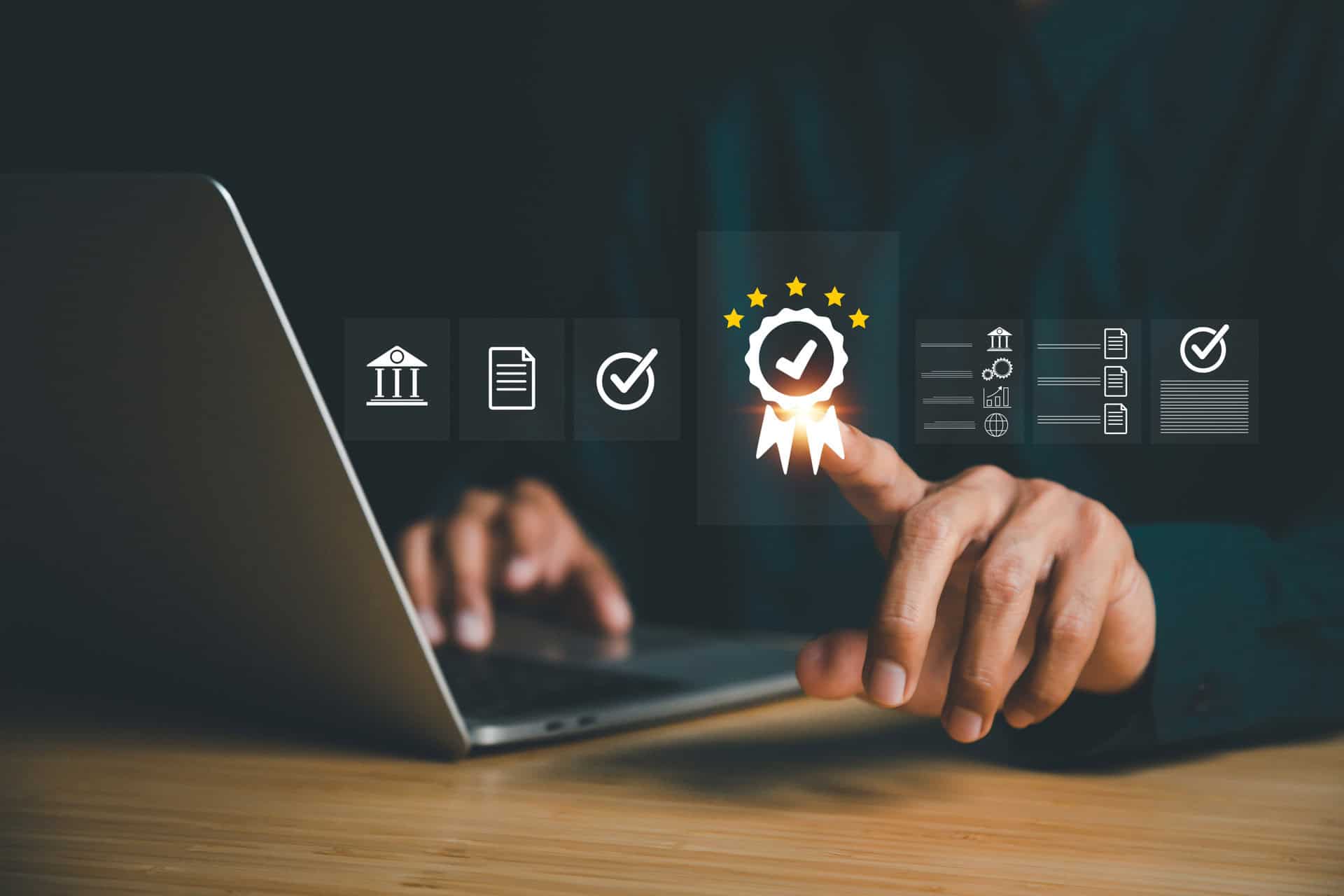 High-quality image of a person interacting with digital certification and approval icons on a laptop, emphasizing MedTech innovation, compliance, and accelerated medical technology solutions.