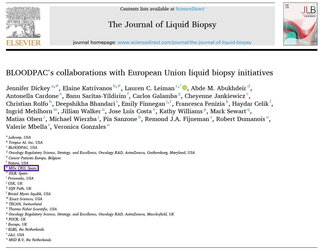 Author list from the Journal of Liquid Biopsy paper showing MDx CRO (Spain) among affiliations