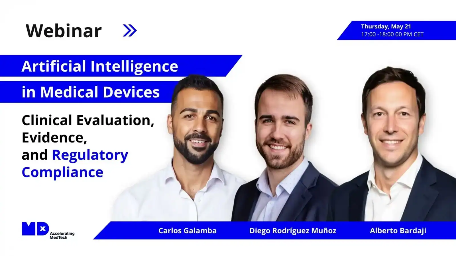 Medical professionals at a webinar discussing AI in medical devices, focusing on clinical evaluation, evidence, and regulatory compliance for SaMD development.