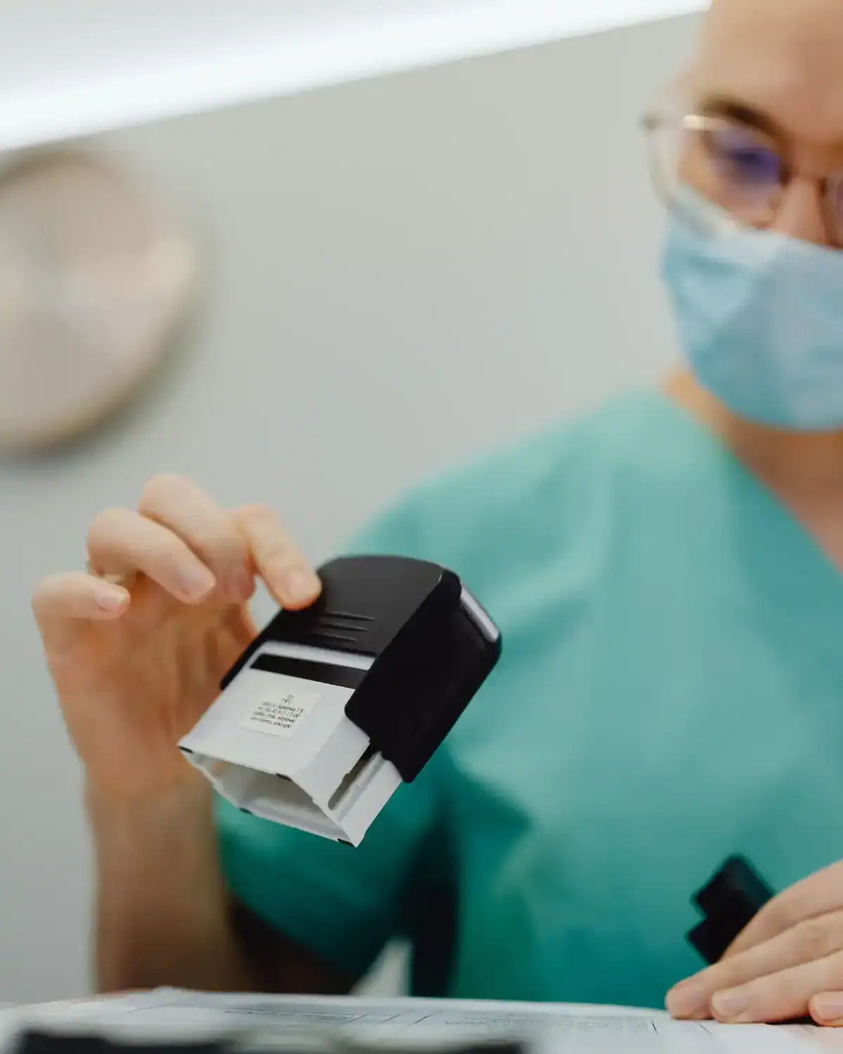 Healthcare professional using a medical device scanner, emphasizing innovation in medical technology and compliance with ISO standards for IVD medical devices.