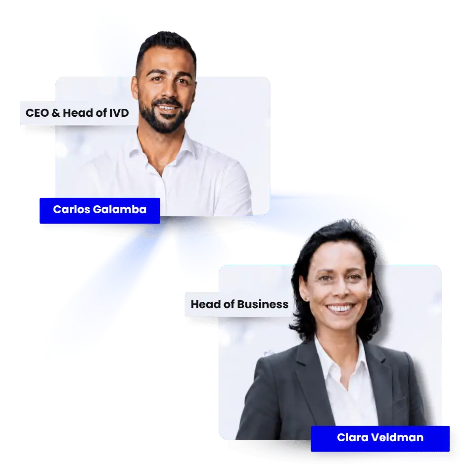 Professional headshots of Carlos Galamba, CEO & Head of IVD, and Clara Veldman, Head of Business, on a modern digital background.
