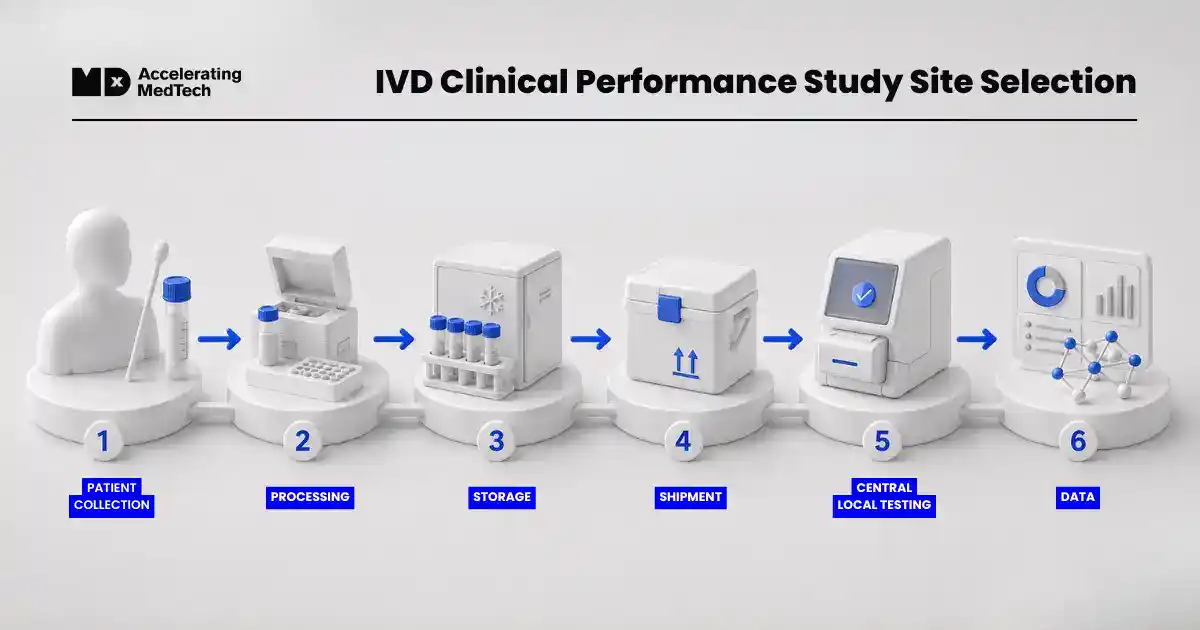Step-by-step process of IVD clinical performance study site selection including patient collection, processing, storage, shipment, testing, and data analysis.